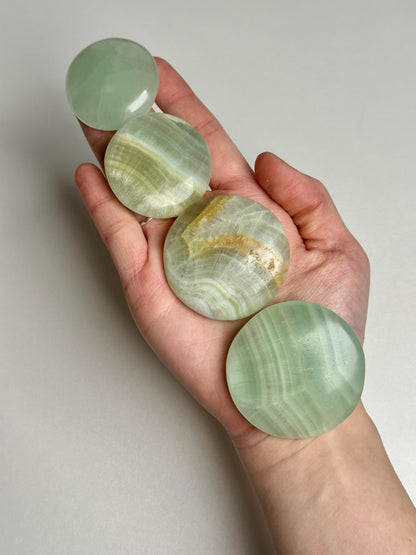 Pistachio Calcite Palmstone | Natural Green Calcite Hand Stone | Polished Mineral Specimen for Collectors Display Decor Accent