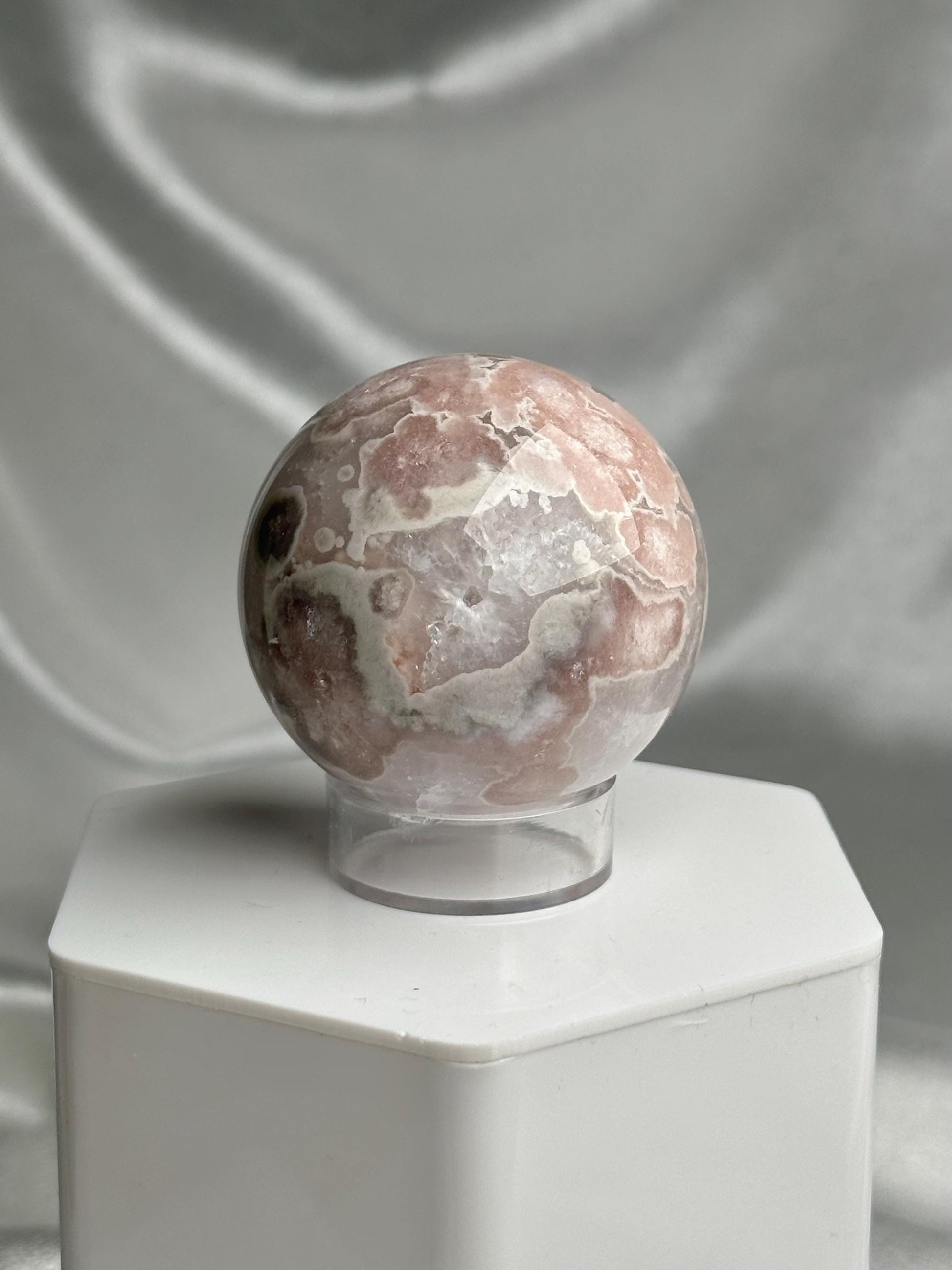 Flower Agate Sphere | Natural Pink Flower Agate Crystal Ball | Polished Mineral Specimen for Collectors Display Decor Accent