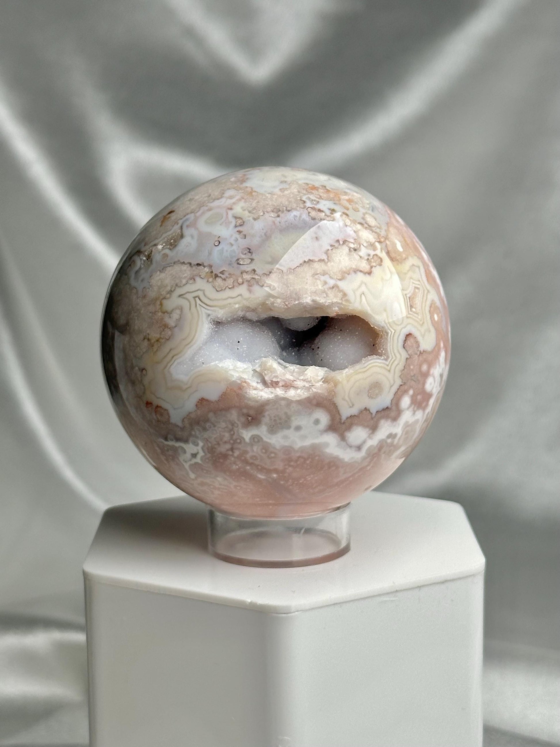 Flower Agate Sphere | Natural Pink Flower Agate Crystal Ball | Polished Mineral Specimen for Collectors Display Decor Accent
