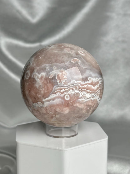 Flower Agate Sphere | Natural Pink Flower Agate Crystal Ball | Polished Mineral Specimen for Collectors Display Decor Accent