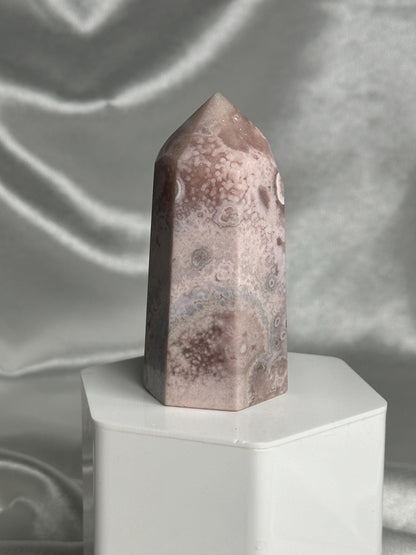 Flower Agate Tower | Natural Pink Flower Agate Crystal Point | Polished Mineral Specimen for Collectors Display Decor Accent