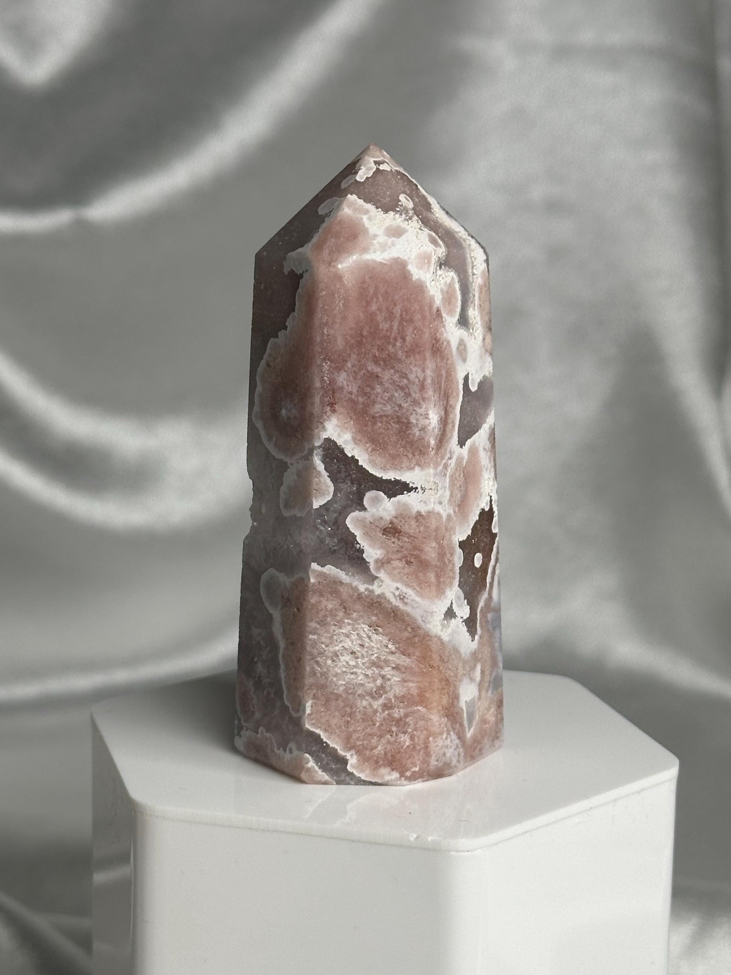 Flower Agate Tower | Natural Pink Flower Agate Crystal Point | Polished Mineral Specimen for Collectors Display Decor Accent