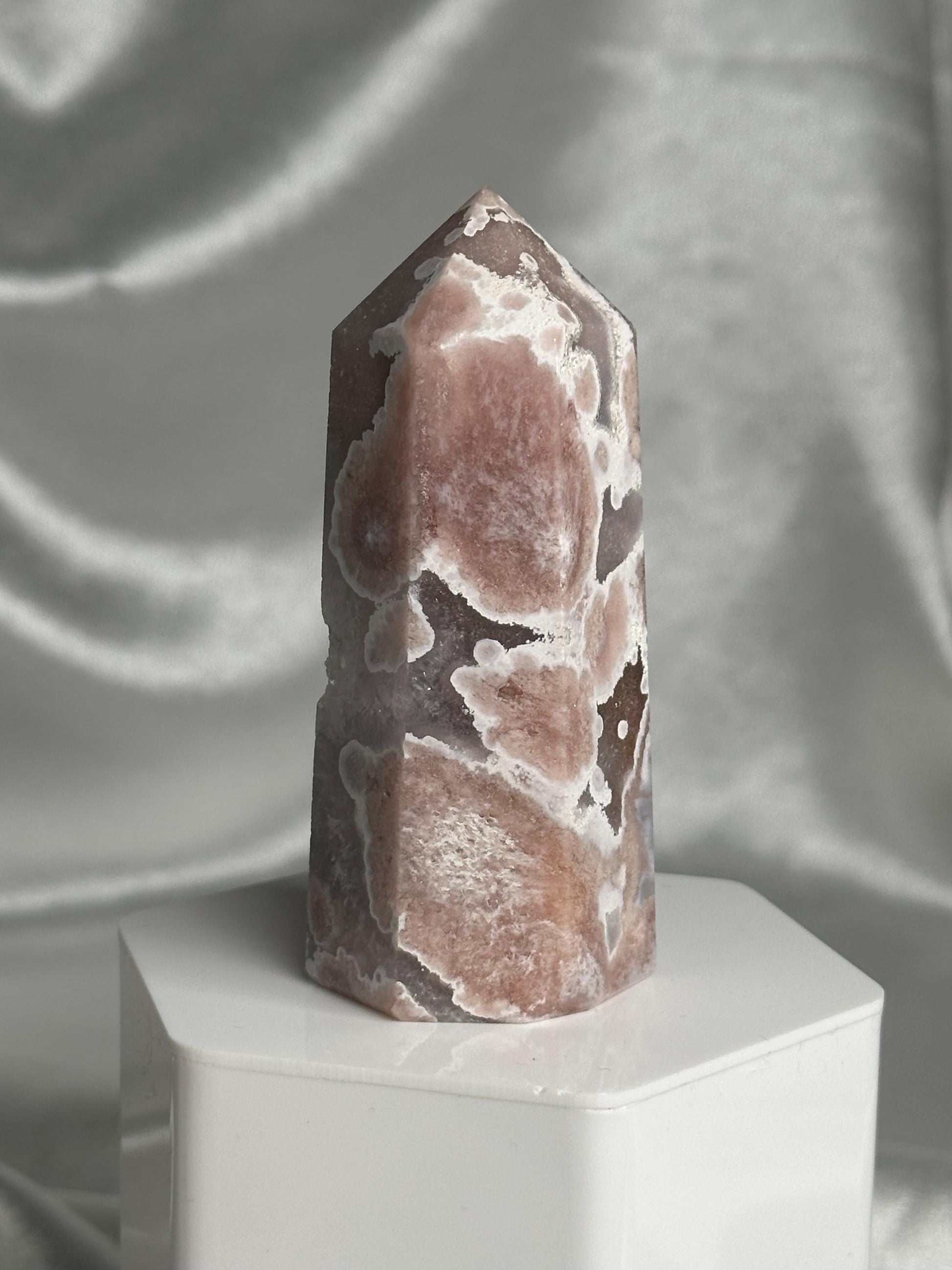 Flower Agate Tower | Natural Pink Flower Agate Crystal Point | Polished Mineral Specimen for Collectors Display Decor Accent