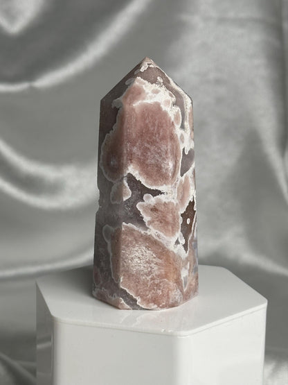 Flower Agate Tower | Natural Pink Flower Agate Crystal Point | Polished Mineral Specimen for Collectors Display Decor Accent