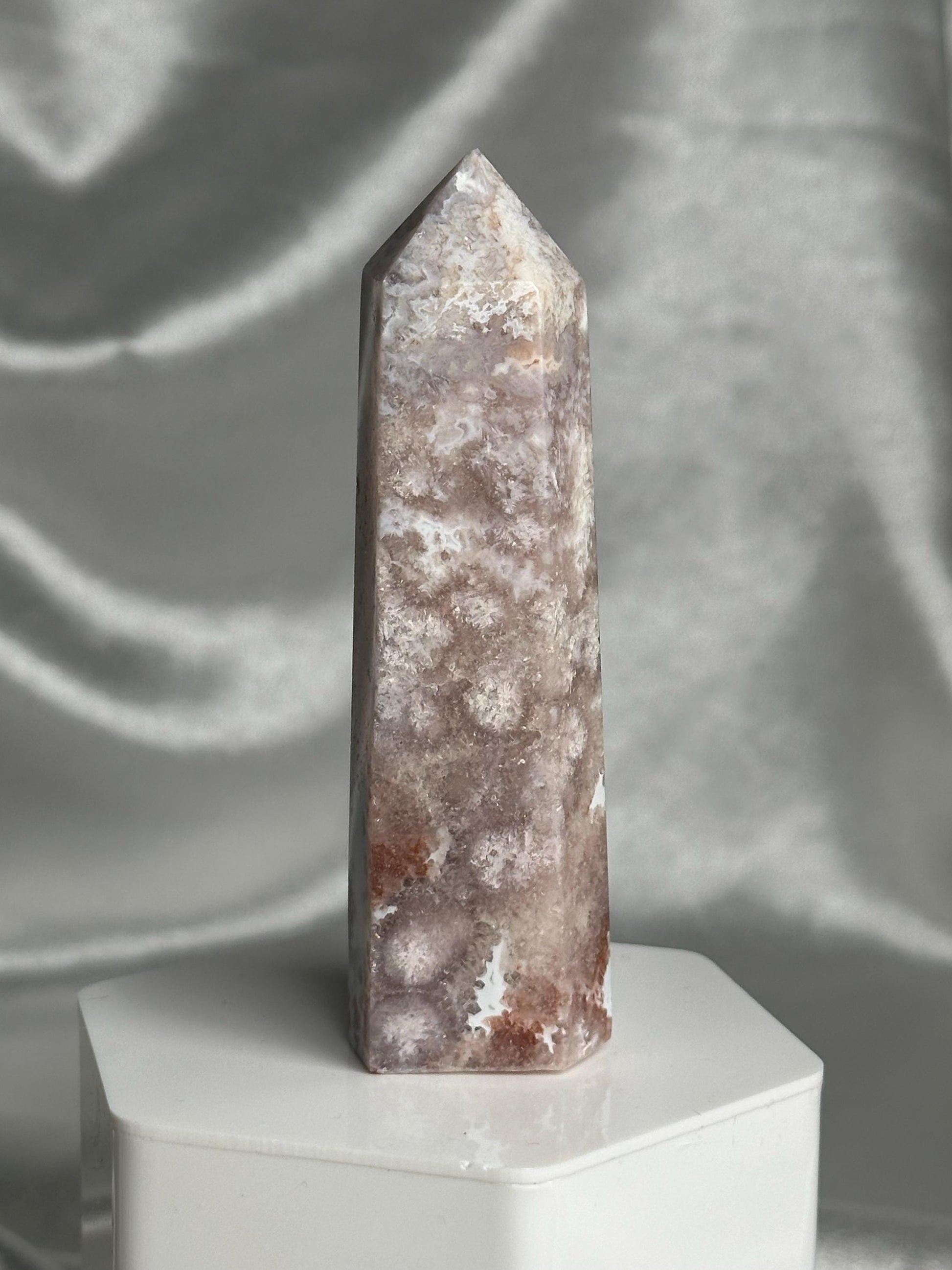 Flower Agate Tower | Natural Pink Flower Agate Crystal Point | Polished Mineral Specimen for Collectors Display Decor Accent