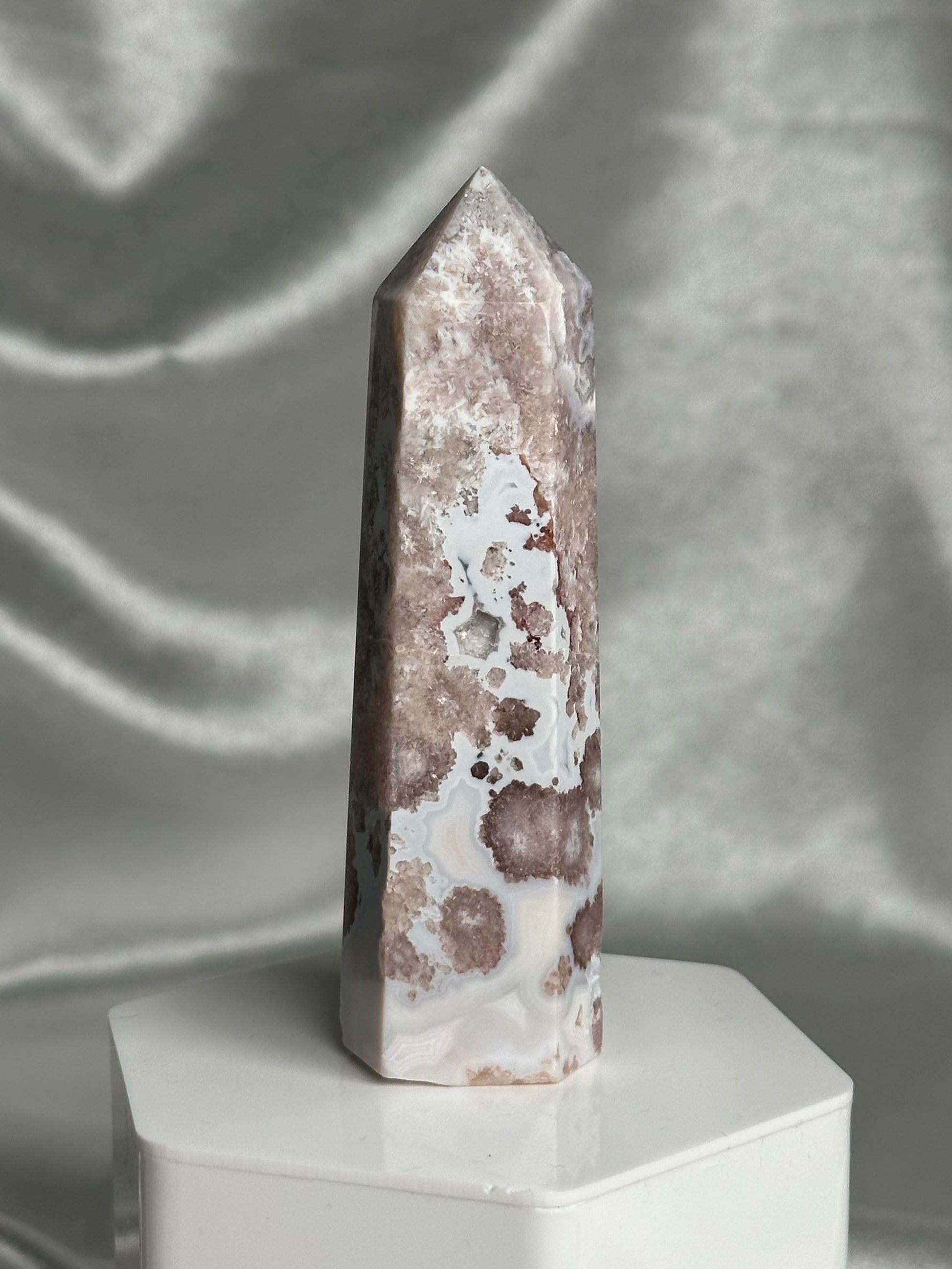 Flower Agate Tower | Natural Pink Flower Agate Crystal Point | Polished Mineral Specimen for Collectors Display Decor Accent