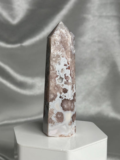 Flower Agate Tower | Natural Pink Flower Agate Crystal Point | Polished Mineral Specimen for Collectors Display Decor Accent
