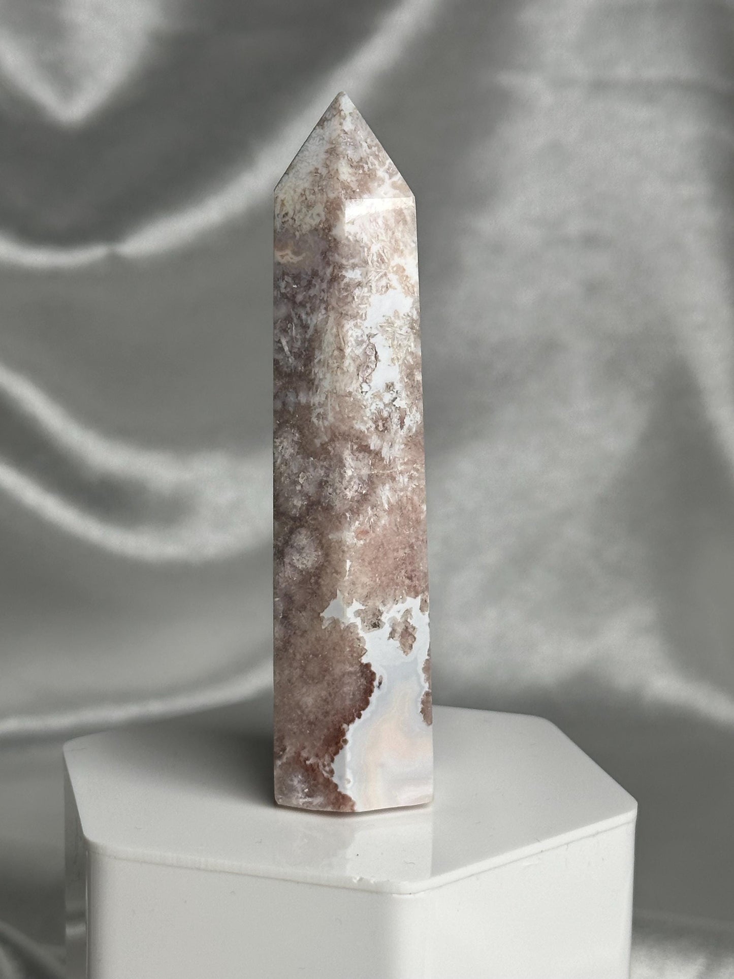 Flower Agate Tower | Natural Pink Flower Agate Crystal Point | Polished Mineral Specimen for Collectors Display Decor Accent