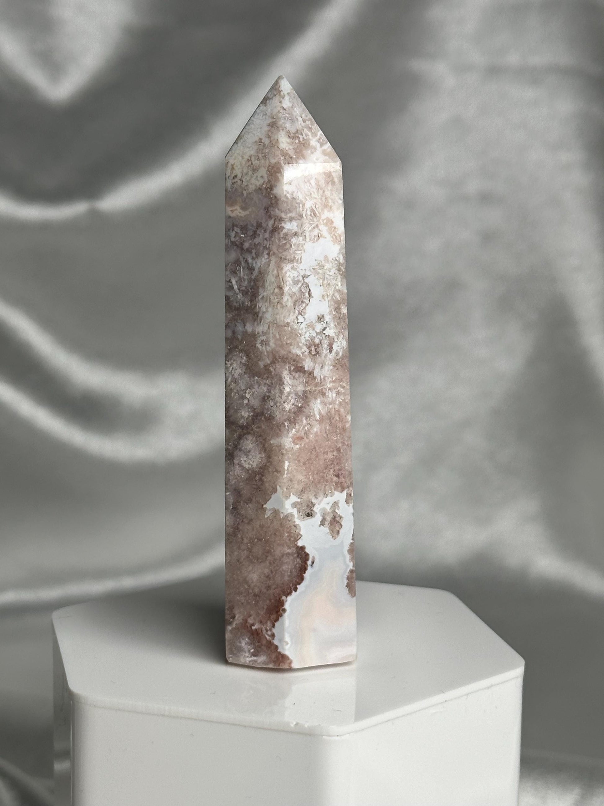 Flower Agate Tower | Natural Pink Flower Agate Crystal Point | Polished Mineral Specimen for Collectors Display Decor Accent