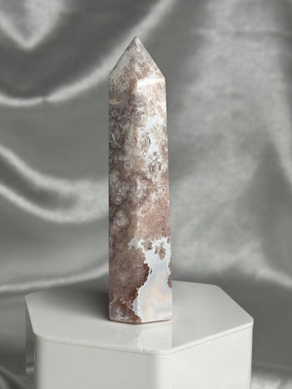 Flower Agate Tower | Natural Pink Flower Agate Crystal Point | Polished Mineral Specimen for Collectors Display Decor Accent