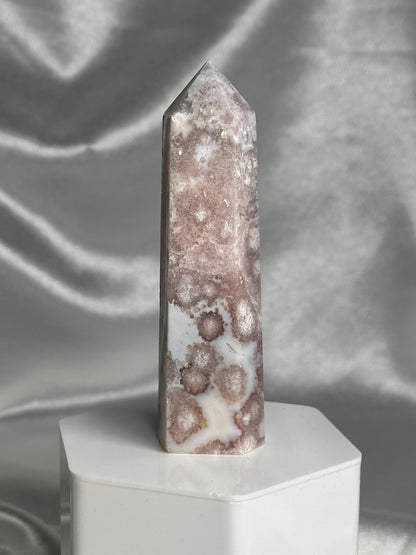 Flower Agate Tower | Natural Pink Flower Agate Crystal Point | Polished Mineral Specimen for Collectors Display Decor Accent