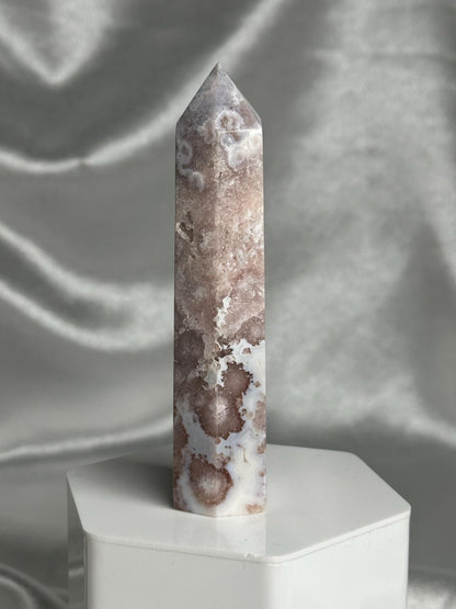 Flower Agate Tower | Natural Pink Flower Agate Crystal Point | Polished Mineral Specimen for Collectors Display Decor Accent