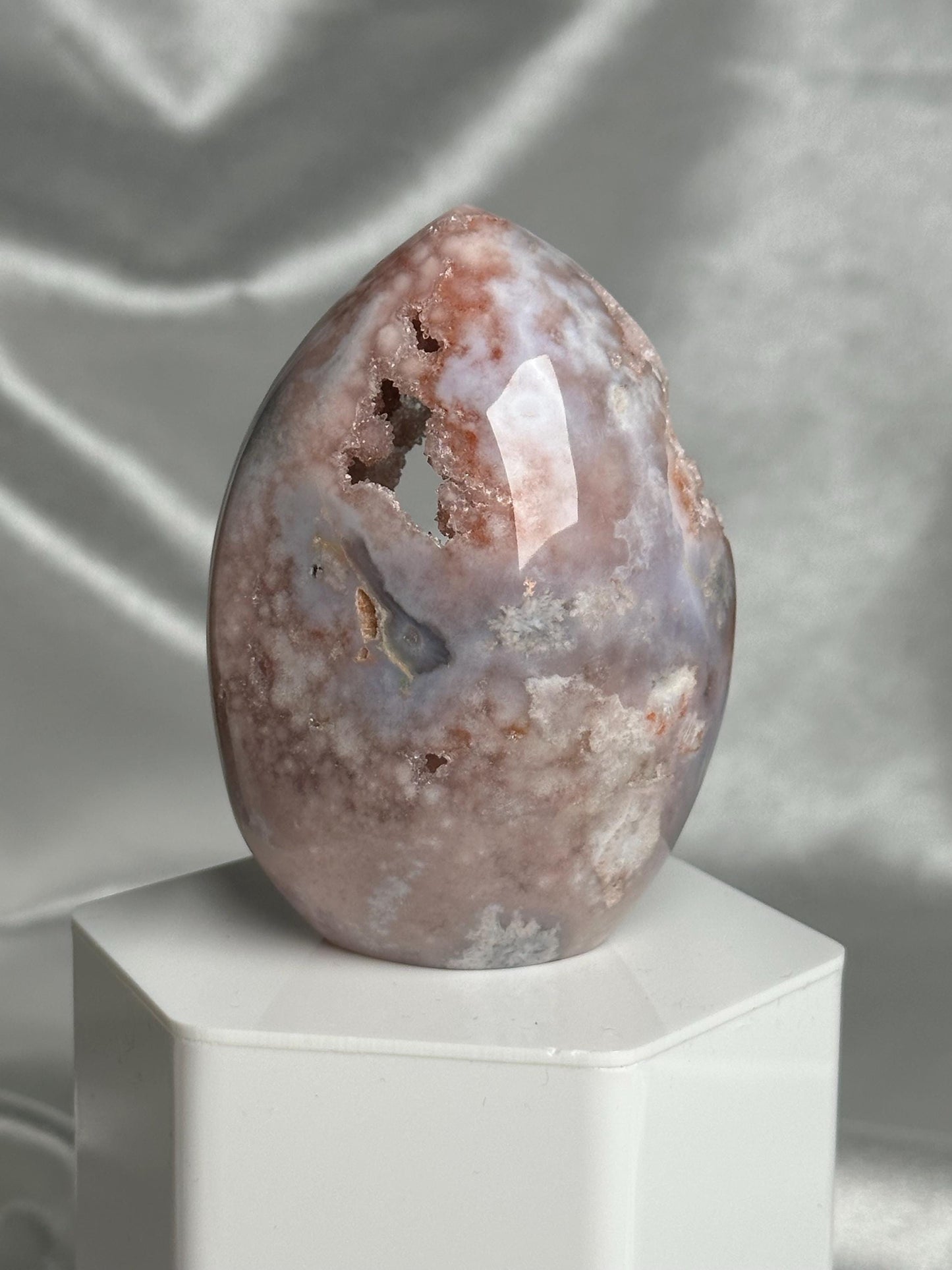 Flower Agate Flame | Natural Pink Flower Agate Crystal Flame Carving | Polished Mineral Specimen for Collectors Display Decor Accent