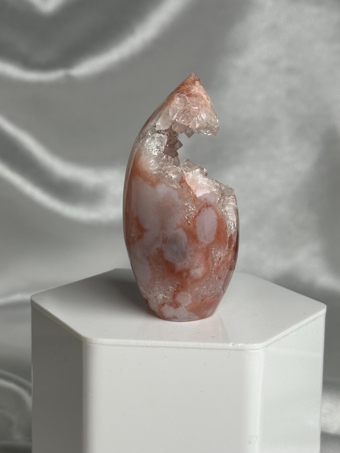 Flower Agate Flame | Natural Pink Flower Agate Crystal Flame Carving | Polished Mineral Specimen for Collectors Display Decor Accent