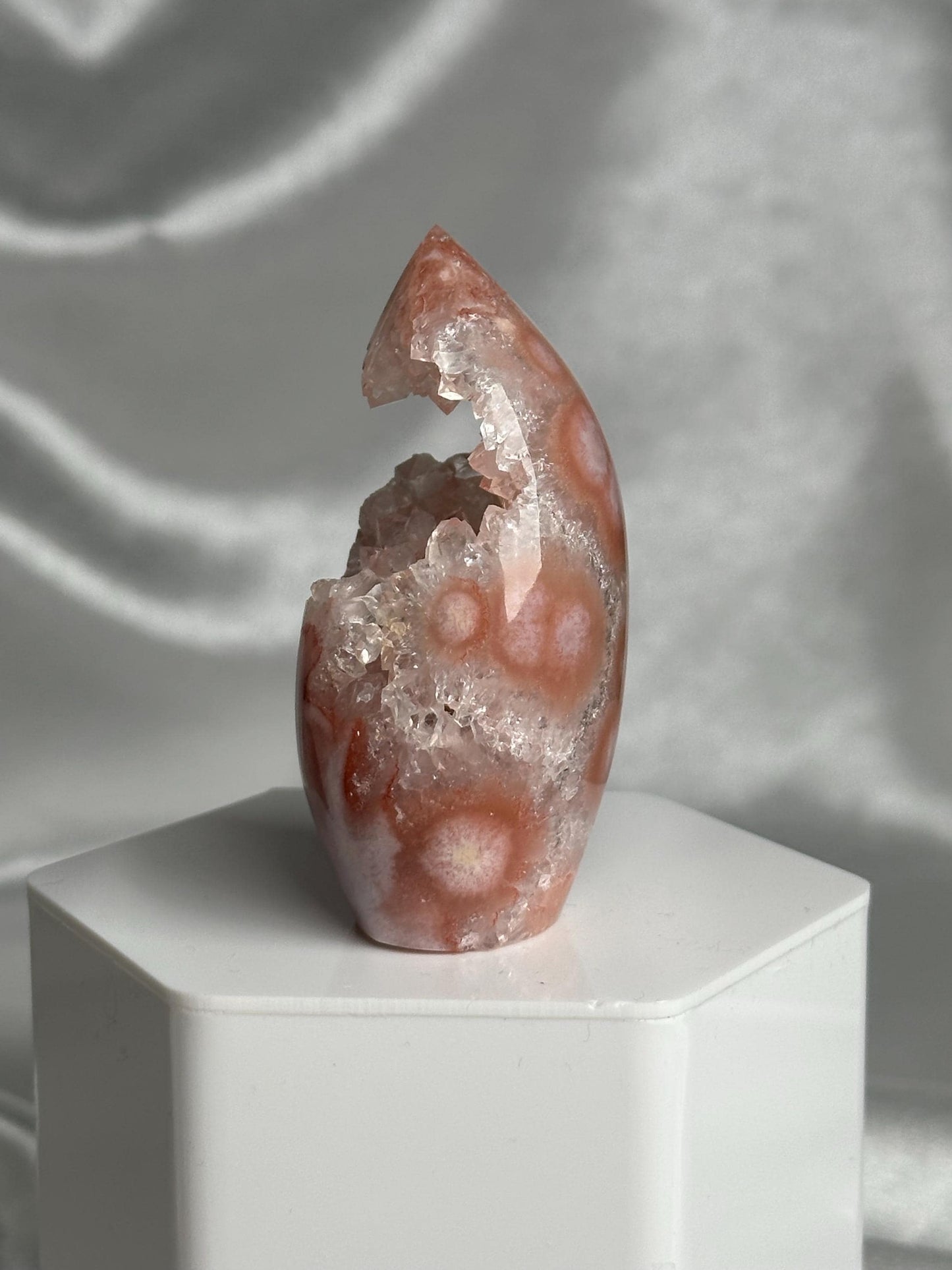 Flower Agate Flame | Natural Pink Flower Agate Crystal Flame Carving | Polished Mineral Specimen for Collectors Display Decor Accent