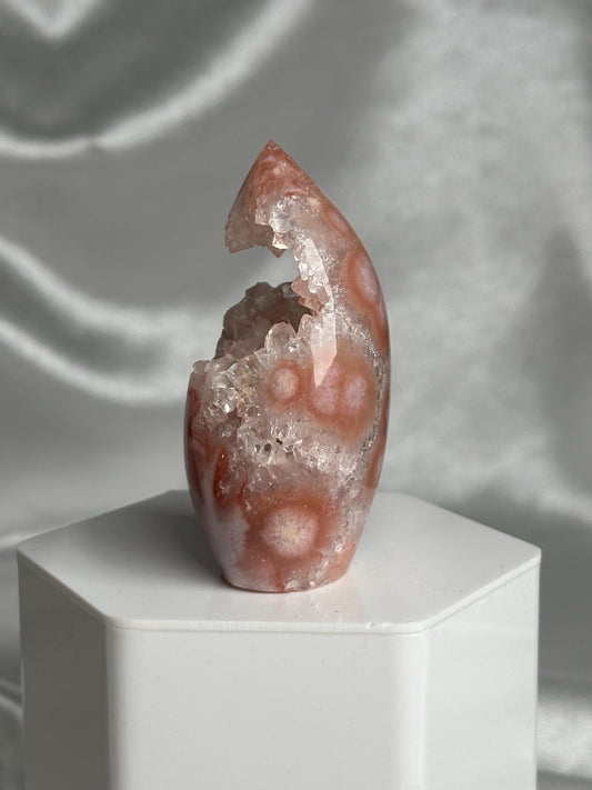 Flower Agate Flame | Natural Pink Flower Agate Crystal Flame Carving | Polished Mineral Specimen for Collectors Display Decor Accent