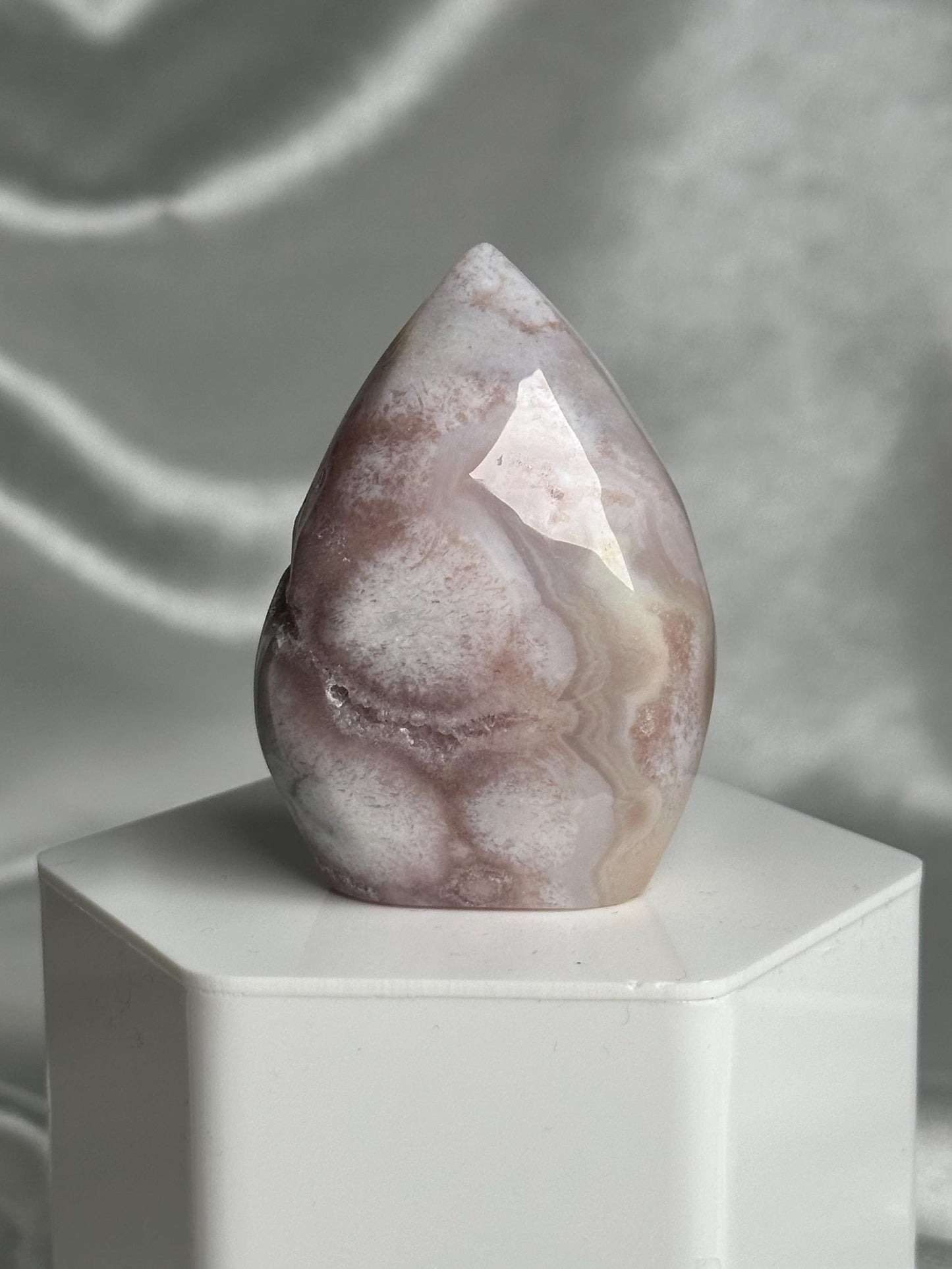 Flower Agate Flame | Natural Pink Flower Agate Crystal Flame Carving | Polished Mineral Specimen for Collectors Display Decor Accent