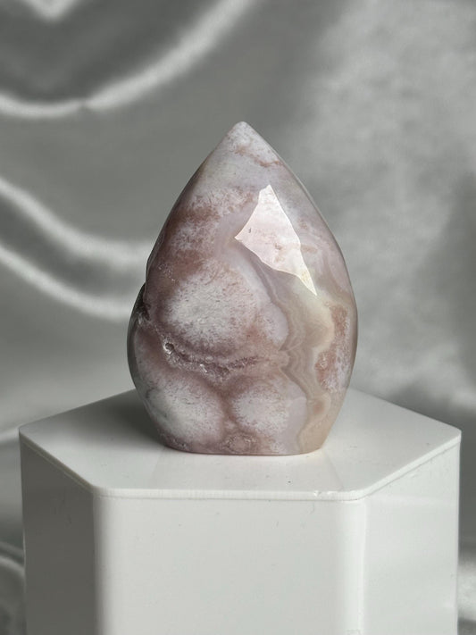 Flower Agate Flame | Natural Pink Flower Agate Crystal Flame Carving | Polished Mineral Specimen for Collectors Display Decor Accent