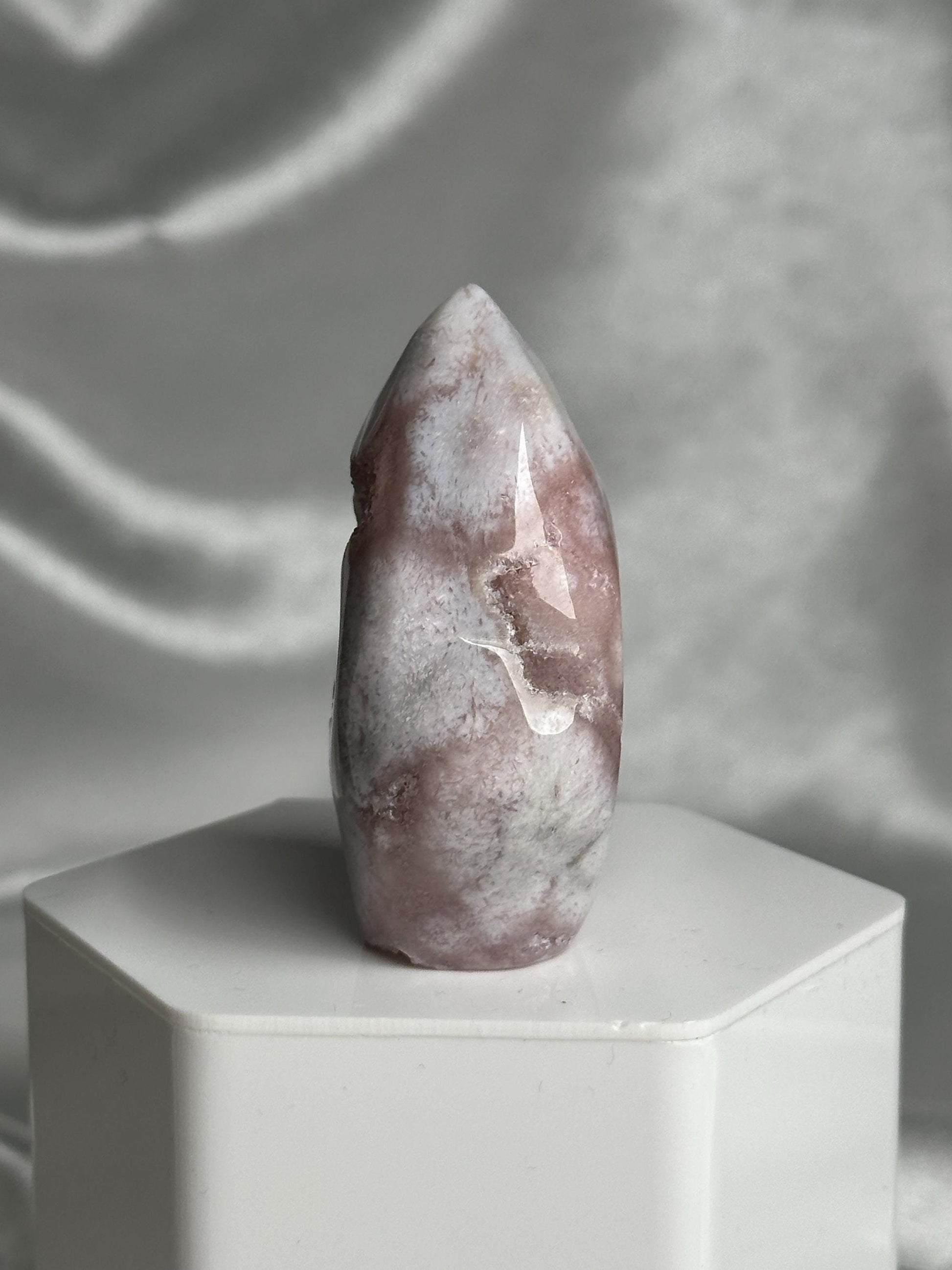 Flower Agate Flame | Natural Pink Flower Agate Crystal Flame Carving | Polished Mineral Specimen for Collectors Display Decor Accent
