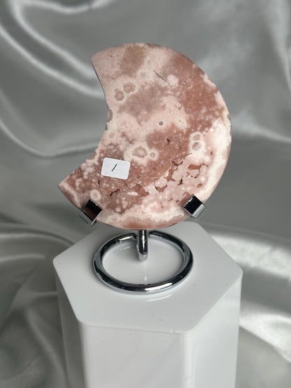 Pink Amethyst Flower Agate Moon | Natural Quartz Agate Crystal Moon Carving | Polished Mineral Specimen for Collectors Display Decor Accent