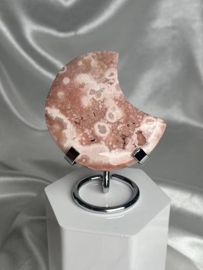 Pink Amethyst Flower Agate Moon | Natural Quartz Agate Crystal Moon Carving | Polished Mineral Specimen for Collectors Display Decor Accent