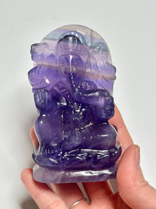 Fluorite Ganesha Carving | Natural Fluorite Crystal Sculpture | Hand Carved Stone Deity Figurine for Collectors Display Decor