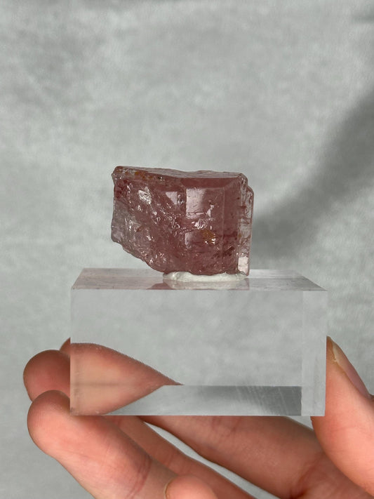 May include: A raw, pink tourmaline crystal specimen, resting on a clear acrylic display block. The crystal has a rough, natural texture and a translucent quality, showcasing its internal structure. The display block is rectangular and provides a clean, modern presentation.