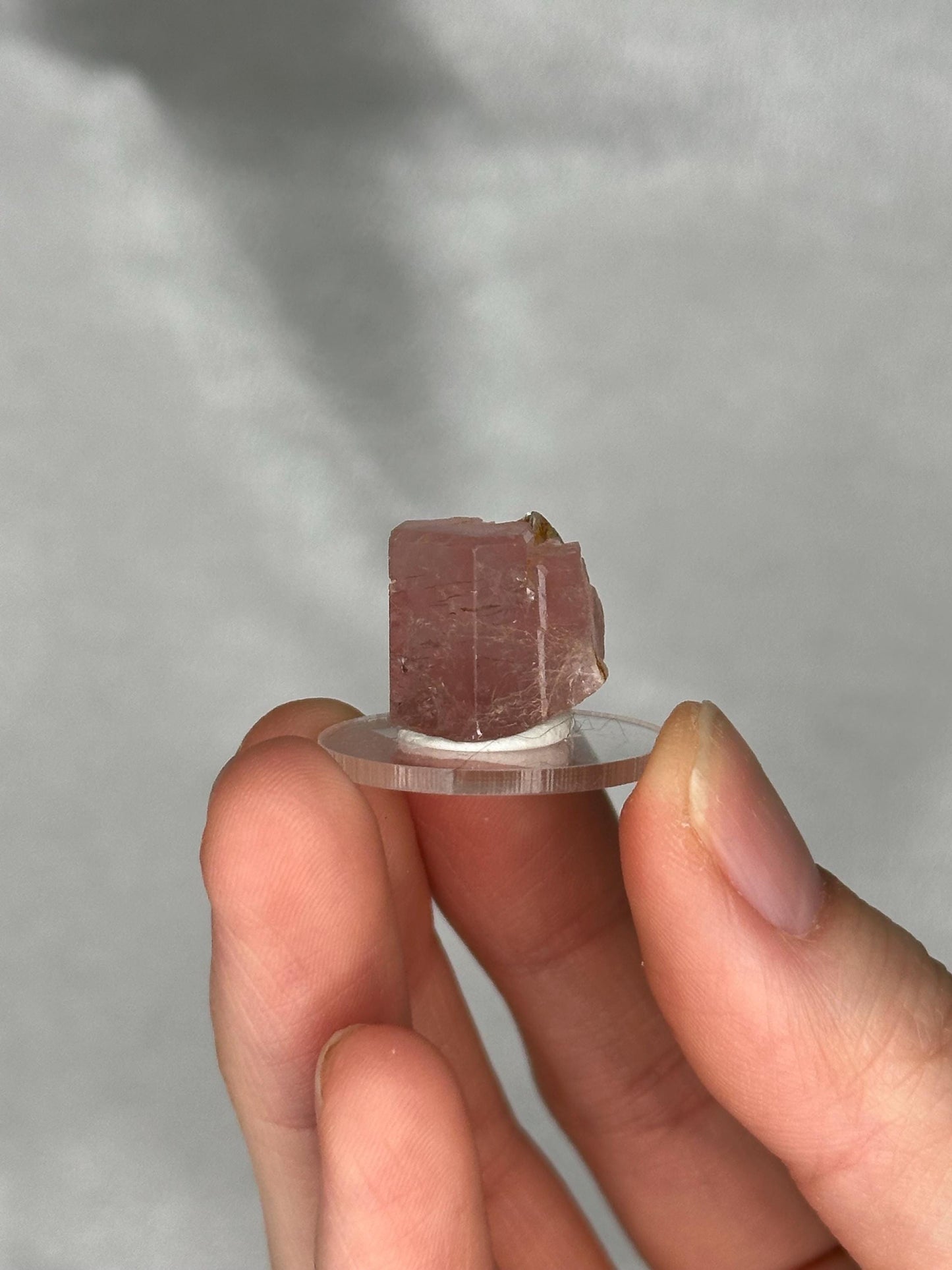 May include: A pink tourmaline crystal, mounted on a clear, circular base. The crystal has a rectangular shape with a slightly rough texture and a natural, unpolished appearance. The background is a soft, neutral color.