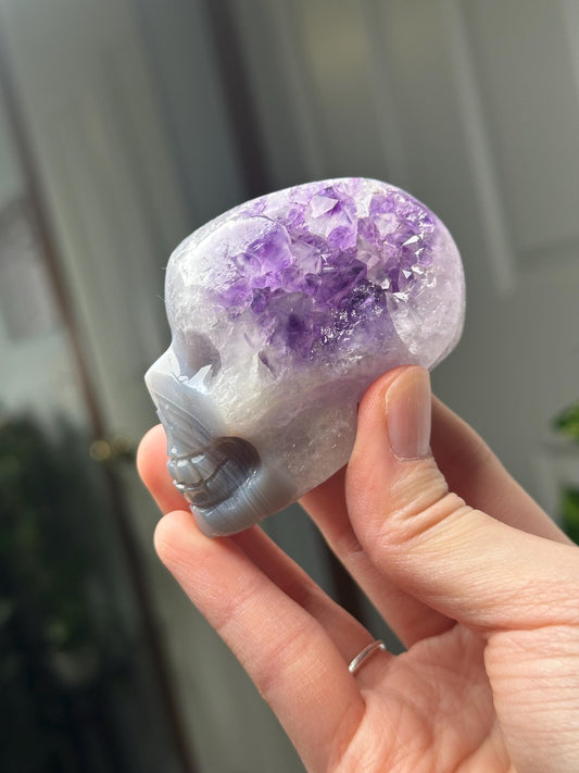 Amethyst Agate Skull | Natural Purple Quartz Agate Crystal Skull Carving | Polished Mineral Specimen for Collectors Display Decor Accent
