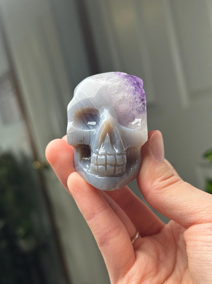 Amethyst Agate Skull | Natural Purple Quartz Agate Crystal Skull Carving | Polished Mineral Specimen for Collectors Display Decor Accent