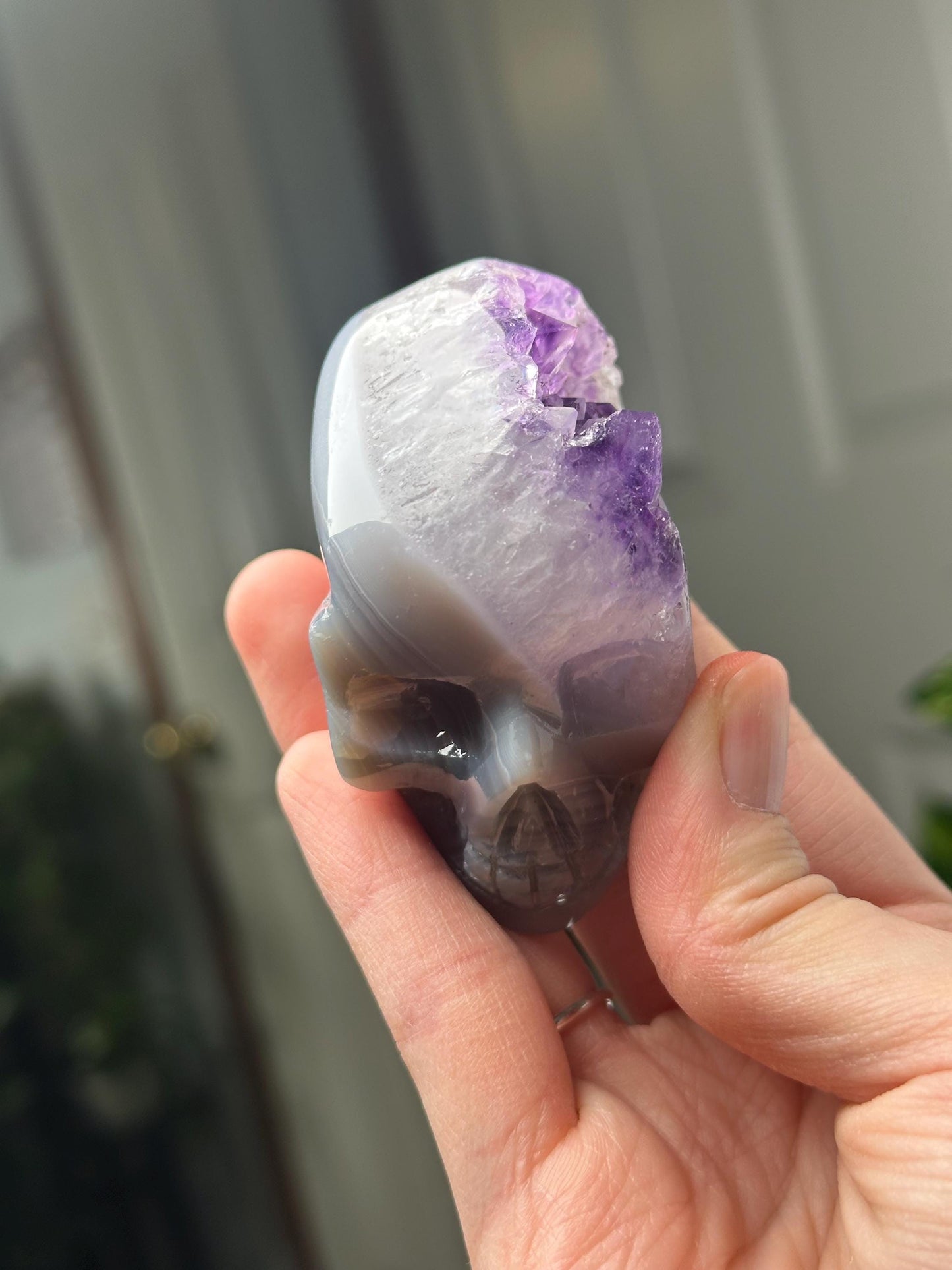 Amethyst Agate Skull | Natural Purple Quartz Agate Crystal Skull Carving | Polished Mineral Specimen for Collectors Display Decor Accent