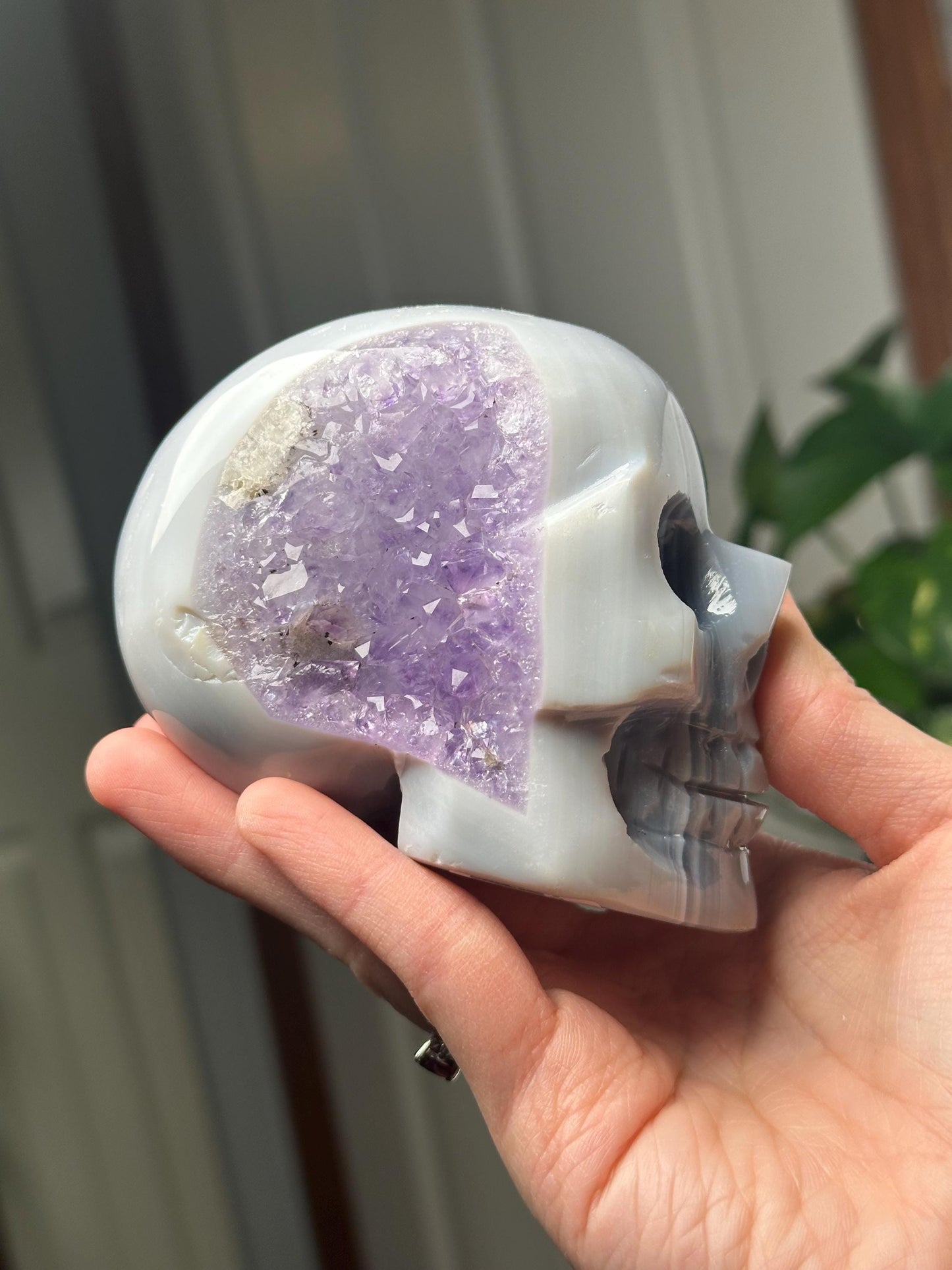 Amethyst Agate Skull | Natural Purple Quartz Agate Crystal Skull Carving | Polished Mineral Specimen for Collectors Display Decor Accent