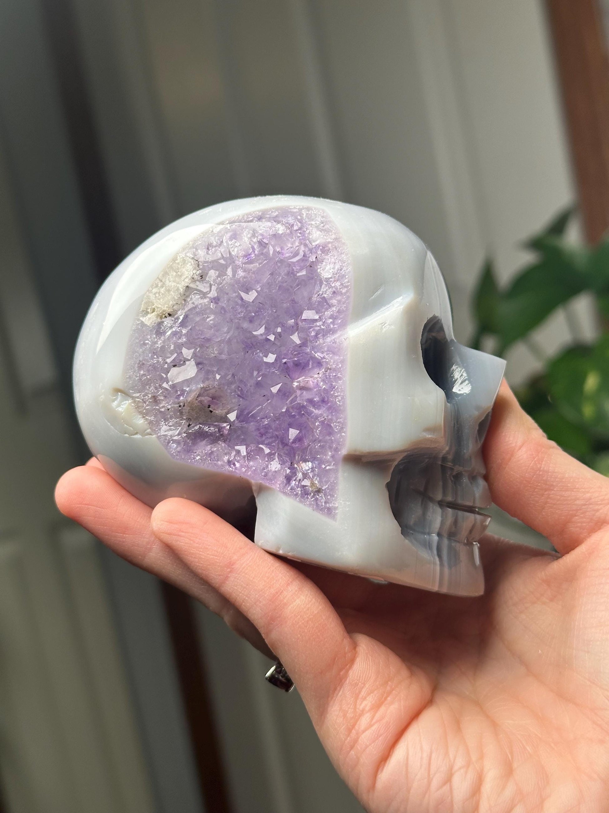 Amethyst Agate Skull | Natural Purple Quartz Agate Crystal Skull Carving | Polished Mineral Specimen for Collectors Display Decor Accent