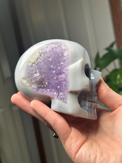 Amethyst Agate Skull | Natural Purple Quartz Agate Crystal Skull Carving | Polished Mineral Specimen for Collectors Display Decor Accent