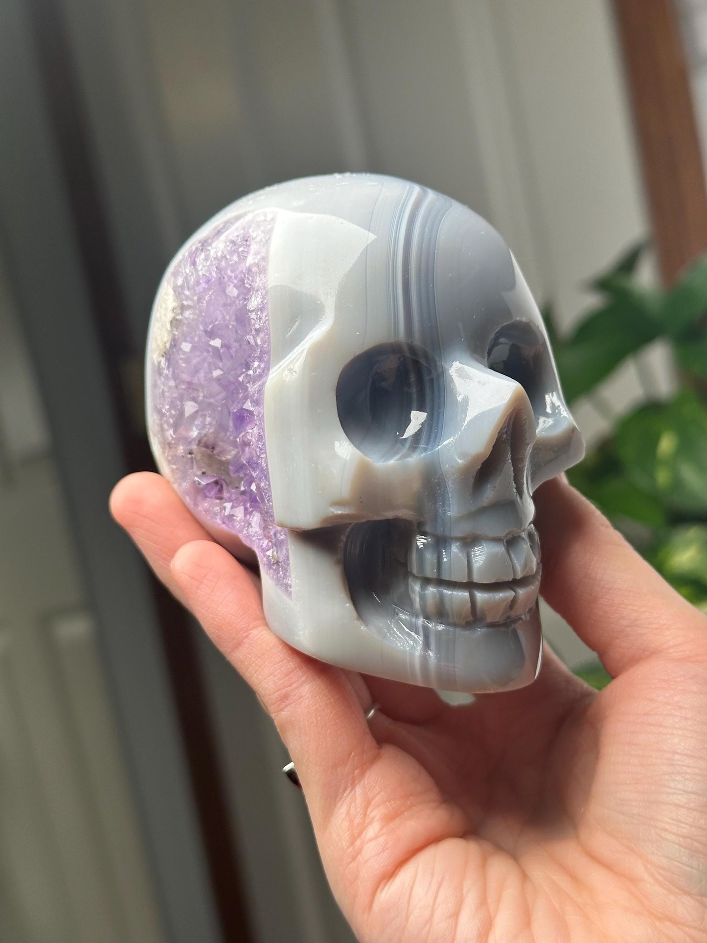Amethyst Agate Skull | Natural Purple Quartz Agate Crystal Skull Carving | Polished Mineral Specimen for Collectors Display Decor Accent