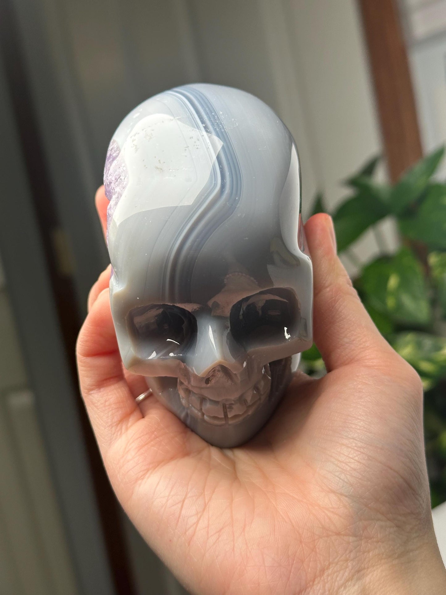 Amethyst Agate Skull | Natural Purple Quartz Agate Crystal Skull Carving | Polished Mineral Specimen for Collectors Display Decor Accent