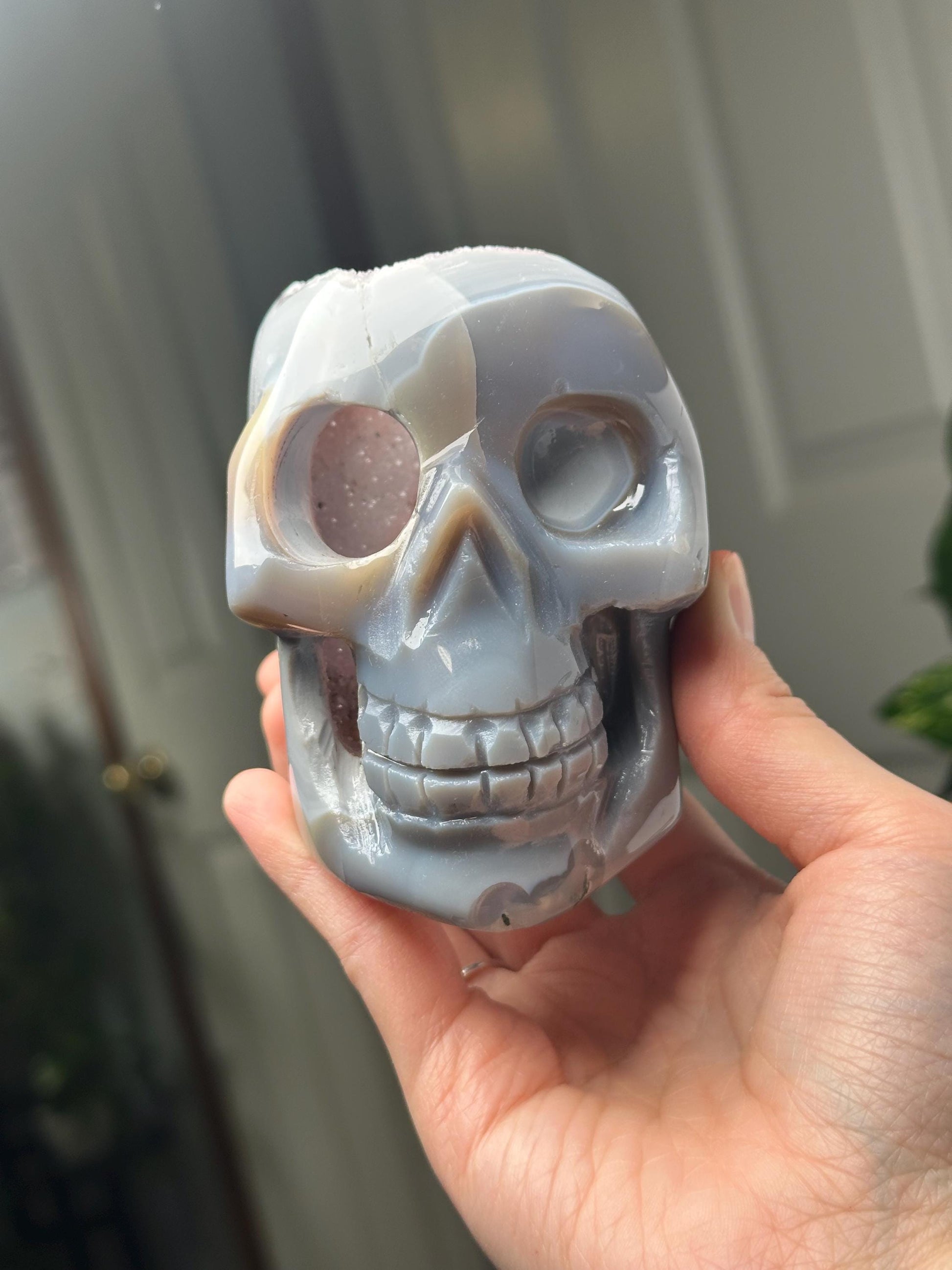 Amethyst Agate Skull | Natural Purple Quartz Agate Crystal Skull Carving | Polished Mineral Specimen for Collectors Display Decor Accent