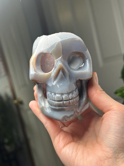 Amethyst Agate Skull | Natural Purple Quartz Agate Crystal Skull Carving | Polished Mineral Specimen for Collectors Display Decor Accent