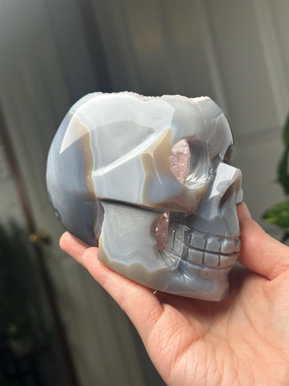 Amethyst Agate Skull | Natural Purple Quartz Agate Crystal Skull Carving | Polished Mineral Specimen for Collectors Display Decor Accent