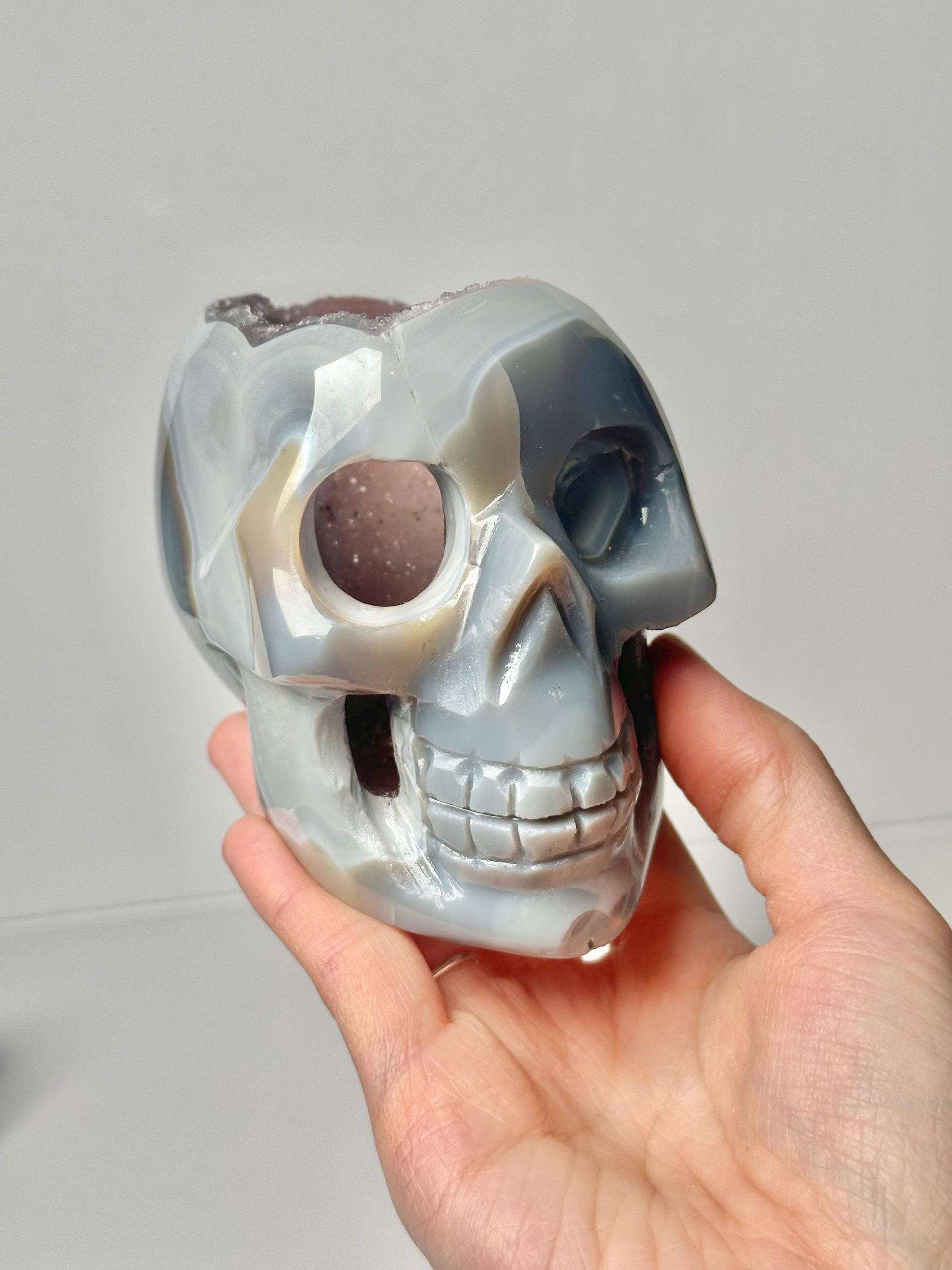 Amethyst Agate Skull | Natural Purple Quartz Agate Crystal Skull Carving | Polished Mineral Specimen for Collectors Display Decor Accent