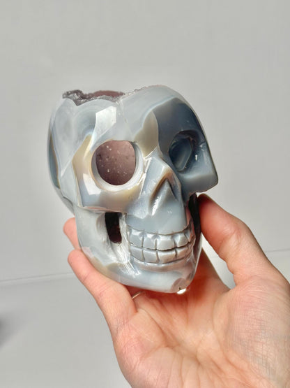 Amethyst Agate Skull | Natural Purple Quartz Agate Crystal Skull Carving | Polished Mineral Specimen for Collectors Display Decor Accent