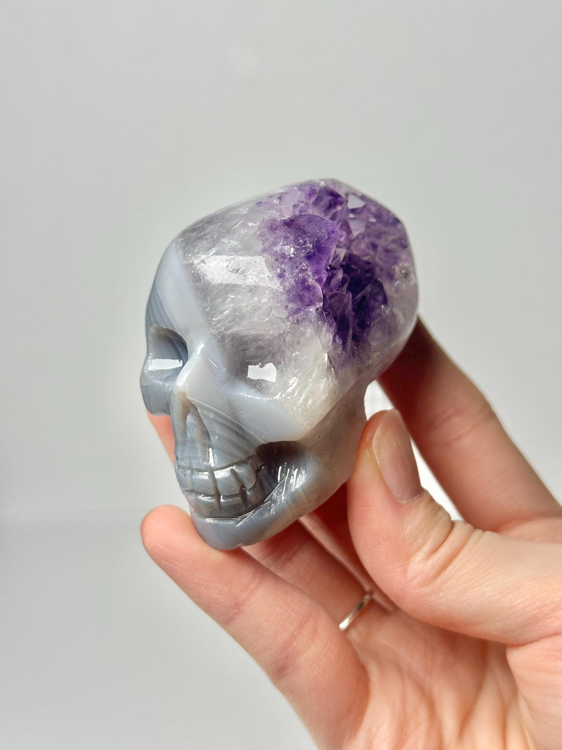 Amethyst Agate Skull | Natural Purple Quartz Agate Crystal Skull Carving | Polished Mineral Specimen for Collectors Display Decor Accent