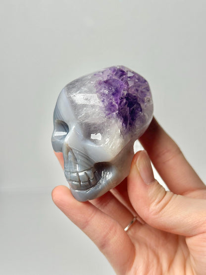 Amethyst Agate Skull | Natural Purple Quartz Agate Crystal Skull Carving | Polished Mineral Specimen for Collectors Display Decor Accent