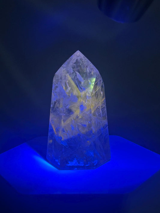 Powellite Tower UV Reactive | Natural Powellite Crystal Point | Fluorescent Mineral Specimen for Collectors Display Decor Accent