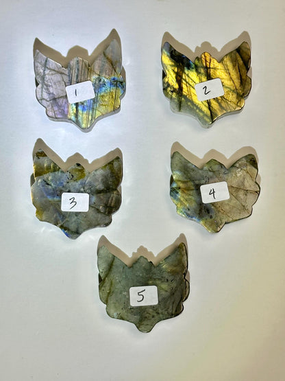 Mini Labradorite Kitsune Mask Carving - YOU PICK! | Natural Labradorite Fox Spirit Sculpture | Polished Stone Fantasy Figurine Display Decor