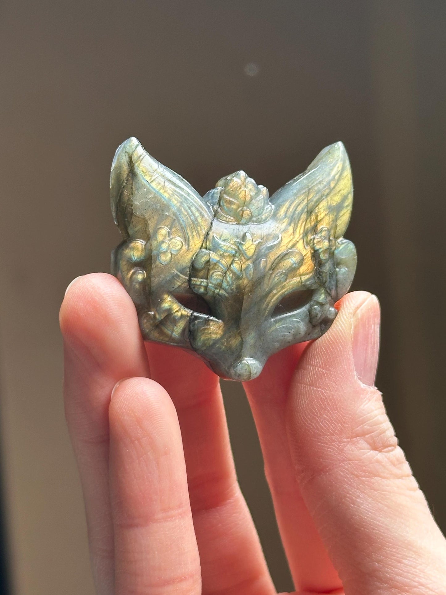 Mini Labradorite Kitsune Mask Carving - YOU PICK! | Natural Labradorite Fox Spirit Sculpture | Polished Stone Fantasy Figurine Display Decor