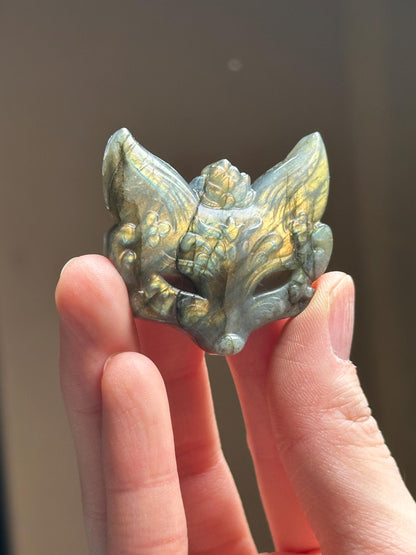 Mini Labradorite Kitsune Mask Carving - YOU PICK! | Natural Labradorite Fox Spirit Sculpture | Polished Stone Fantasy Figurine Display Decor