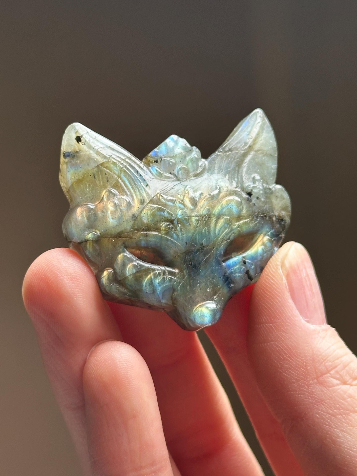 Mini Labradorite Kitsune Mask Carving - YOU PICK! | Natural Labradorite Fox Spirit Sculpture | Polished Stone Fantasy Figurine Display Decor