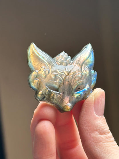 Mini Labradorite Kitsune Mask Carving - YOU PICK! | Natural Labradorite Fox Spirit Sculpture | Polished Stone Fantasy Figurine Display Decor