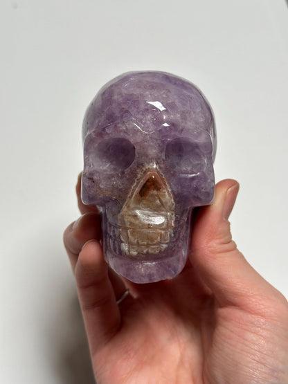Amethyst Skull with Crazy Lace Agate | Natural Purple Quartz Crystal Skull Carving | Banded Stone Sculpture for Collectors Display Decor